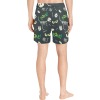 Men's black swim shorts with green pattern, elastic waist for swimming.