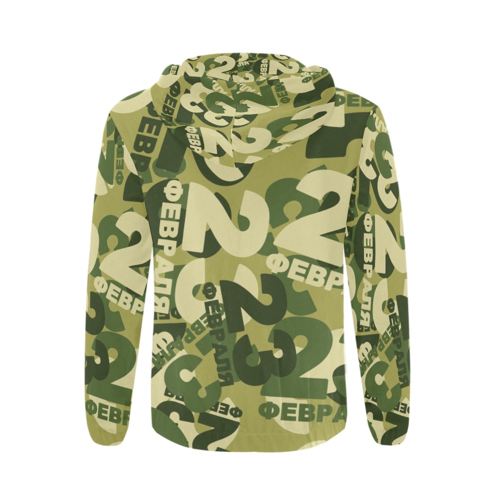 Men's green camouflage zip-up hoodie with all-over print design