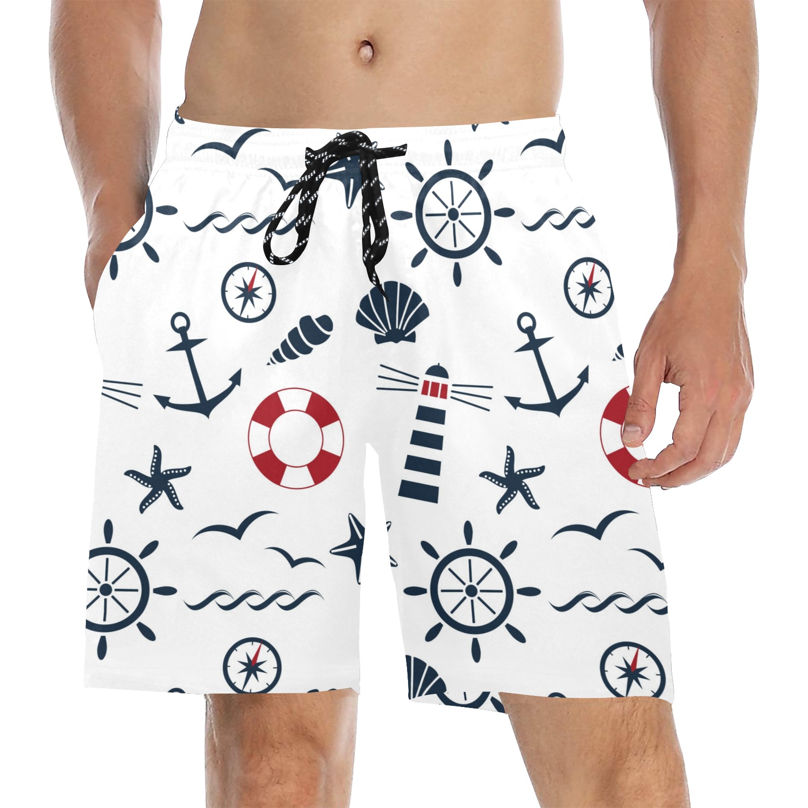 Men's nautical print beach shorts with anchor and wheel design.