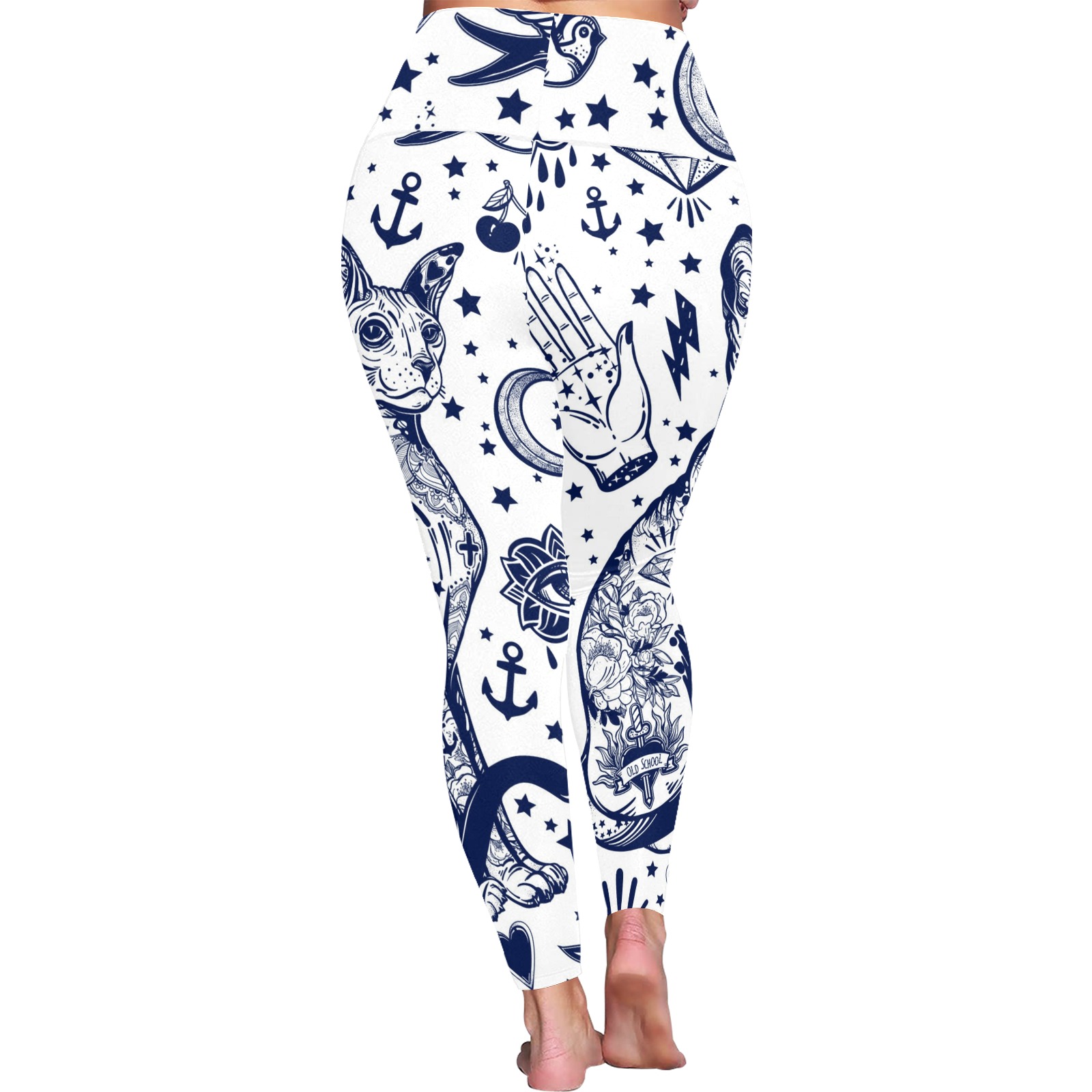 Women's high-waisted leggings L44 with white and navy celestial print, perfect for yoga and fitness