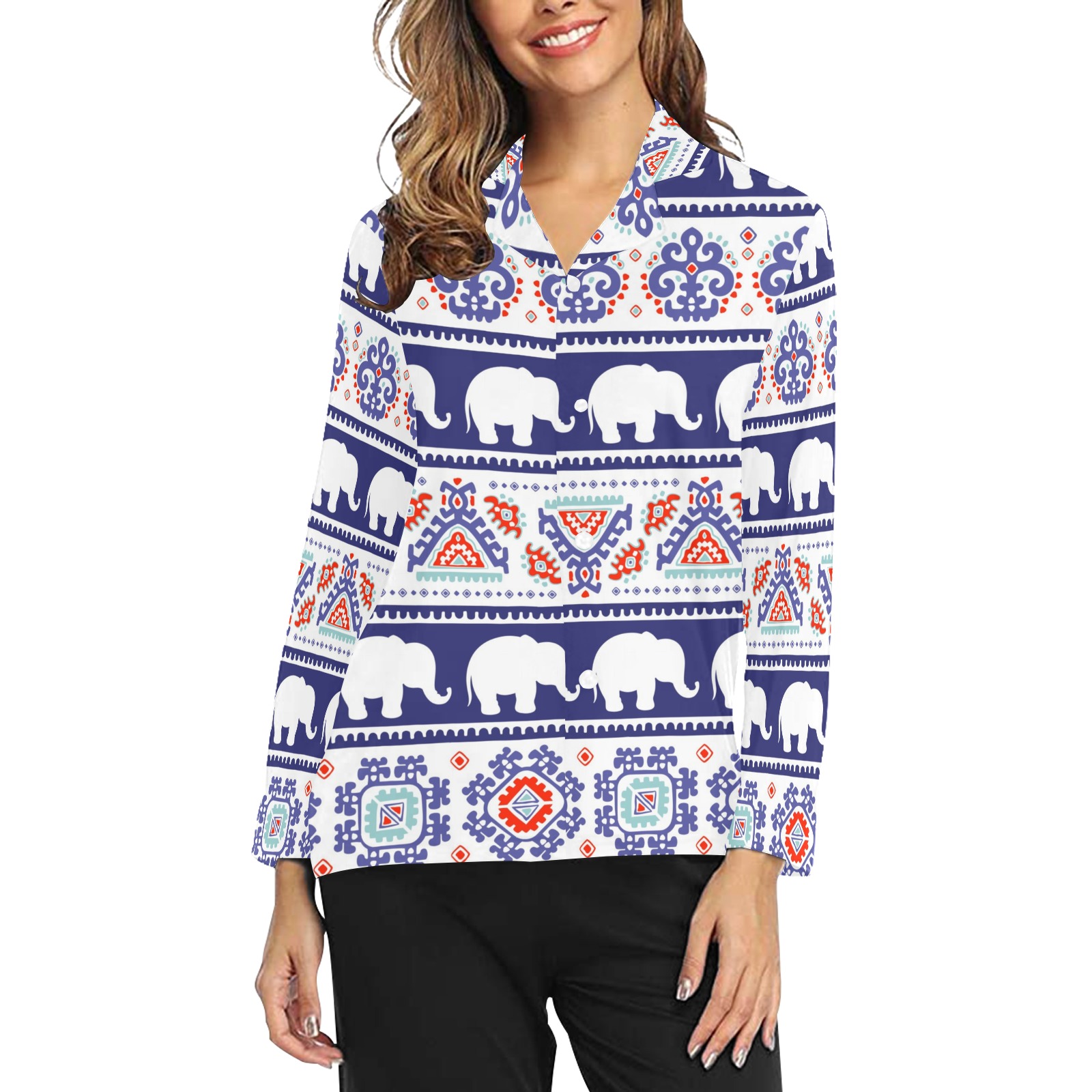 Women's Long Sleeve Pajama Shirt(Sets 02) with elephant print, polyester fabric, and button-down design