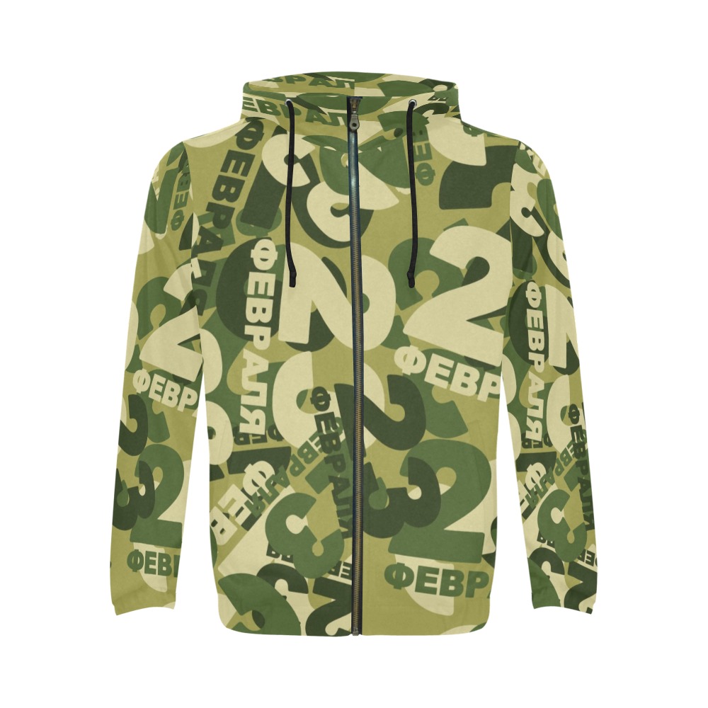 Green camouflage men's full zip hoodie with print design and drawstring hood.
