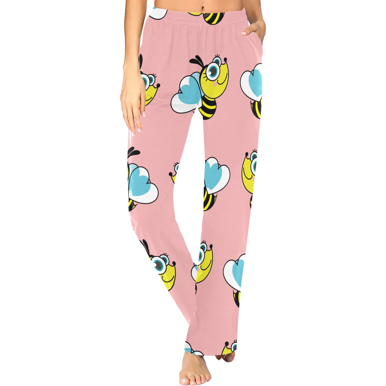Pink women's pajama pants with cartoon bee pattern, made of 100% polyester