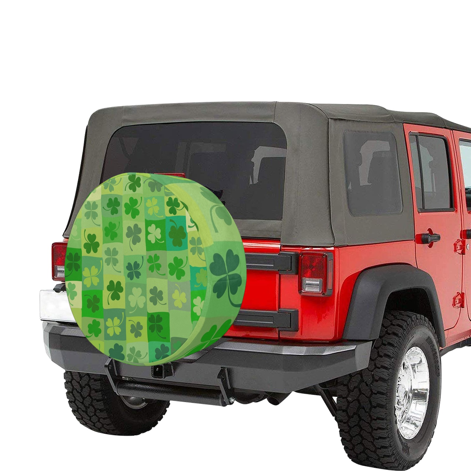 Green Spare Tire Cover(17") on a red car with shamrock design, made of durable polyester.