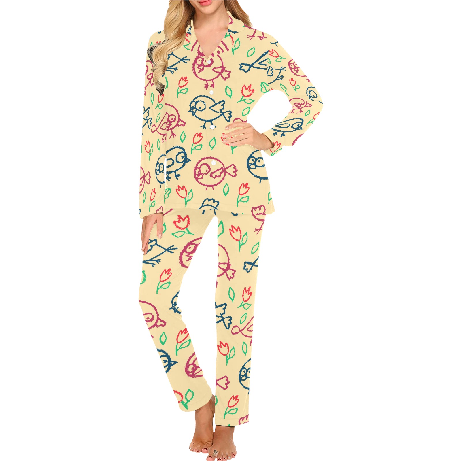 Women's Long Pajama Set(ModelSets 02) - Floral Print Pajamas