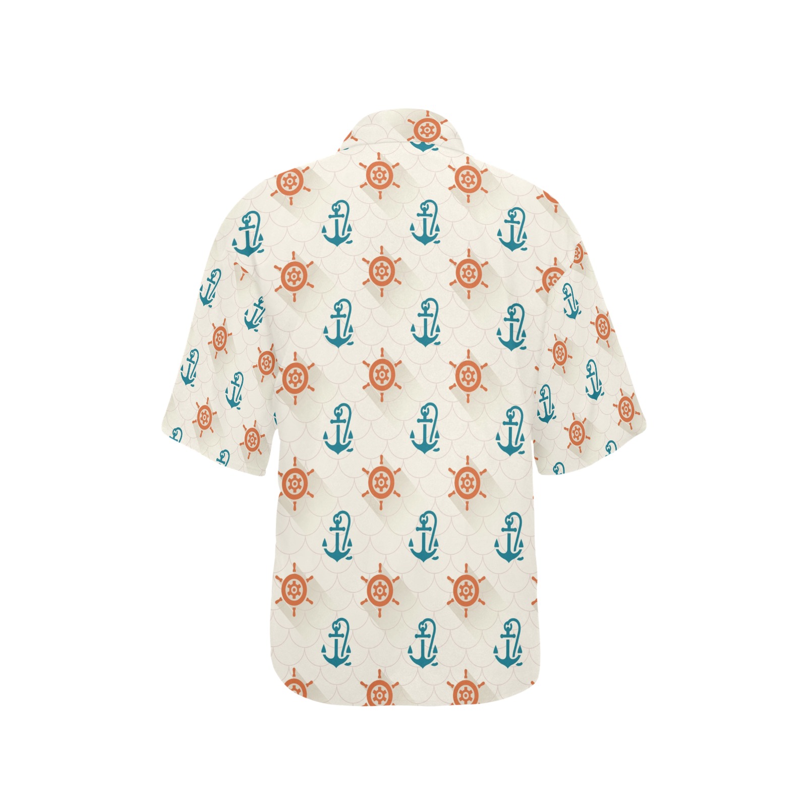 Women's All Over Print Hawaiian Shirt with anchor and ship wheel pattern, comfortable polyester fabric, perfect for summer.