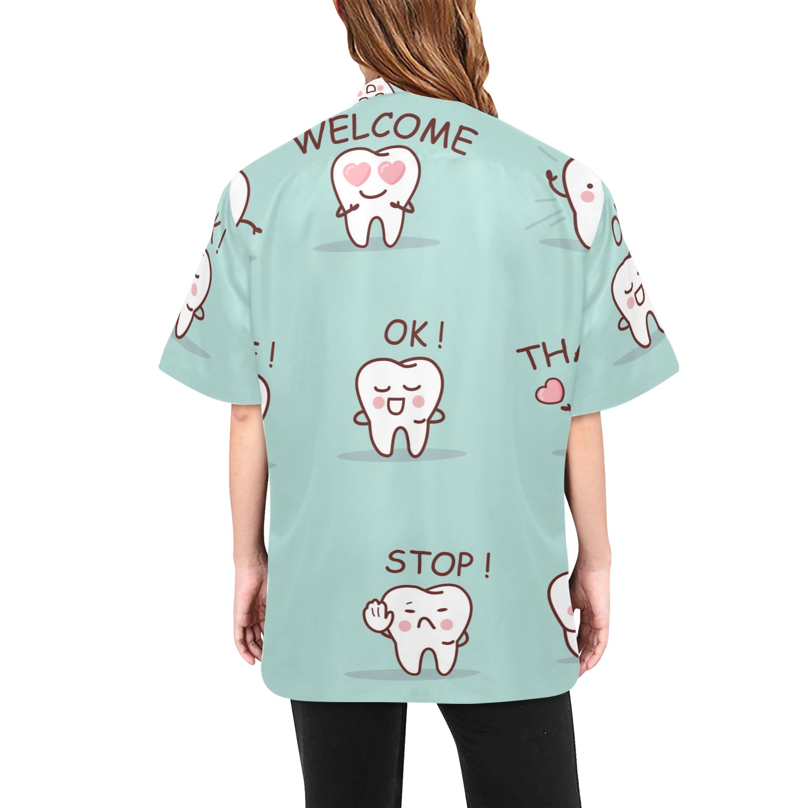 Turquoise pet grooming jacket with tooth pattern for men and women. Includes 'WELCOME', 'OK', 'STOP!' text.