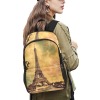 Fabric Backpack with Eiffel Tower Print. Features adjustable straps and mesh side pockets for school or travel.