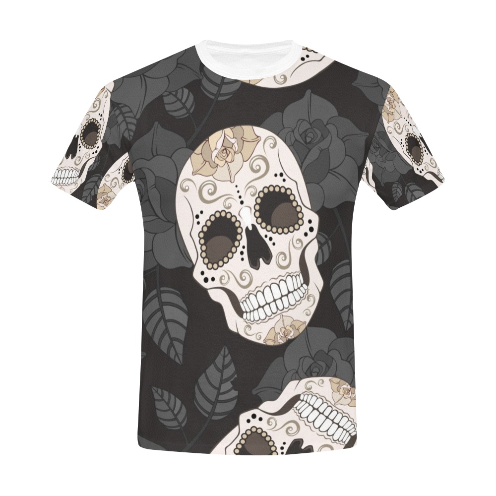 Men's sugar skull T-shirt (Model T40) with black background, all-over print.
