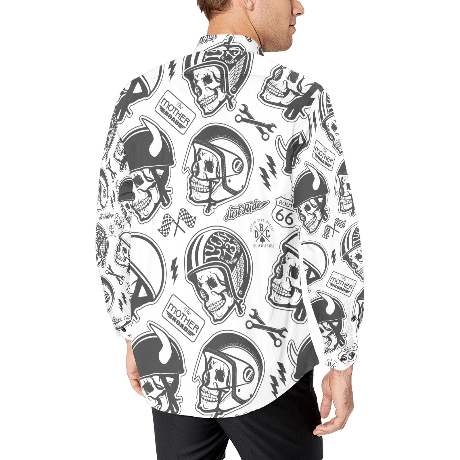 Men's All Over Print Long Sleeve Shirt with Skull Pattern - White Polyester Shirt