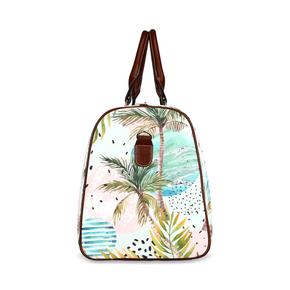 Small brown travel bag with tropical palm leaf pattern, waterproof and durable, perfect for travel.