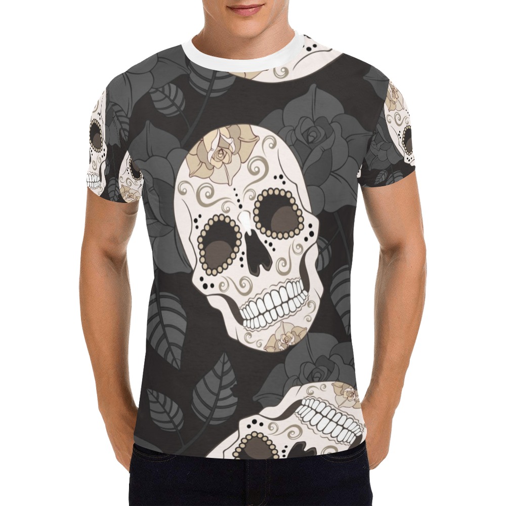 Men's All Over Print T-shirt (Model T40) featuring a sugar skull pattern, black background