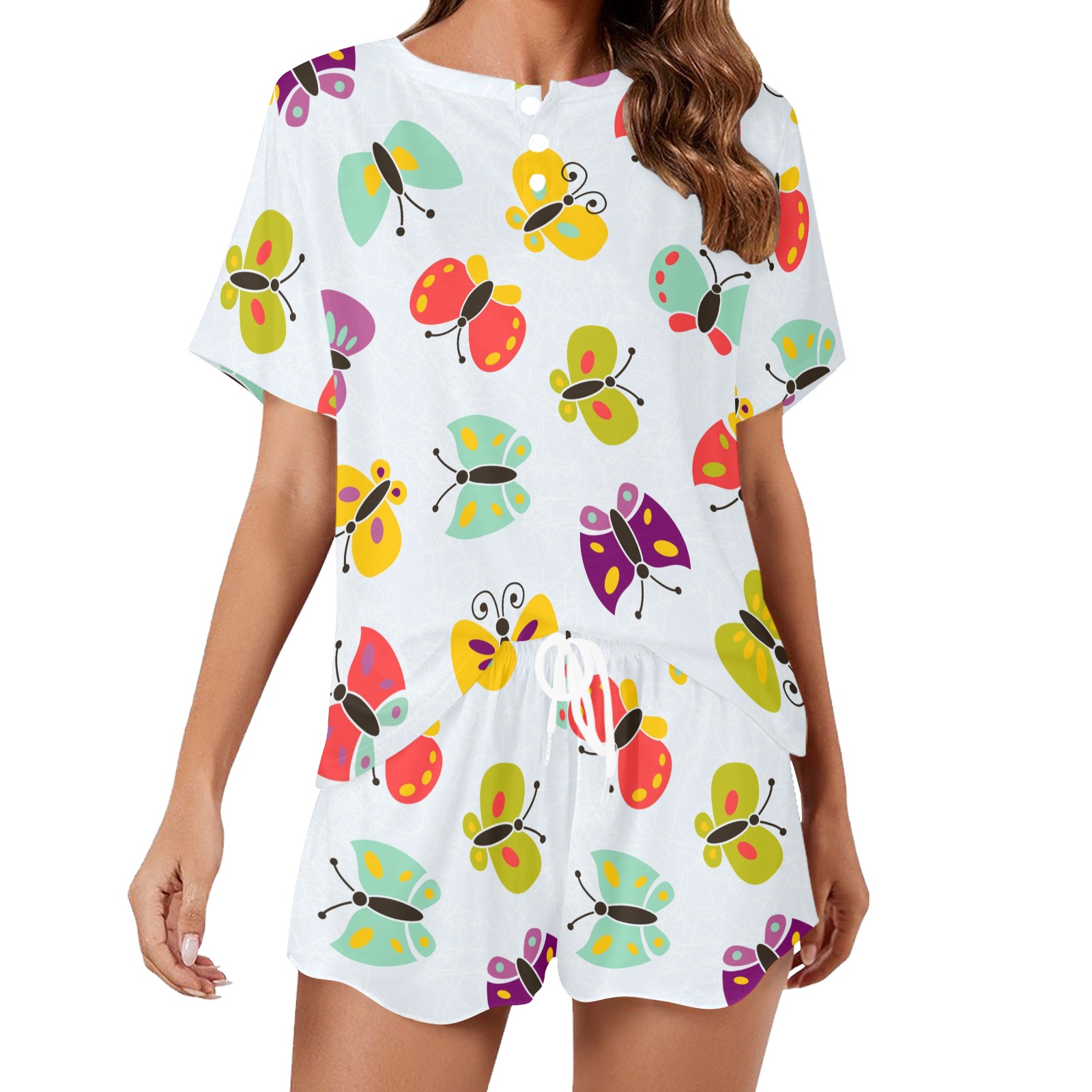 Ladies Three-Piece Casual Home Suit Set with Butterfly Print, White Polyester