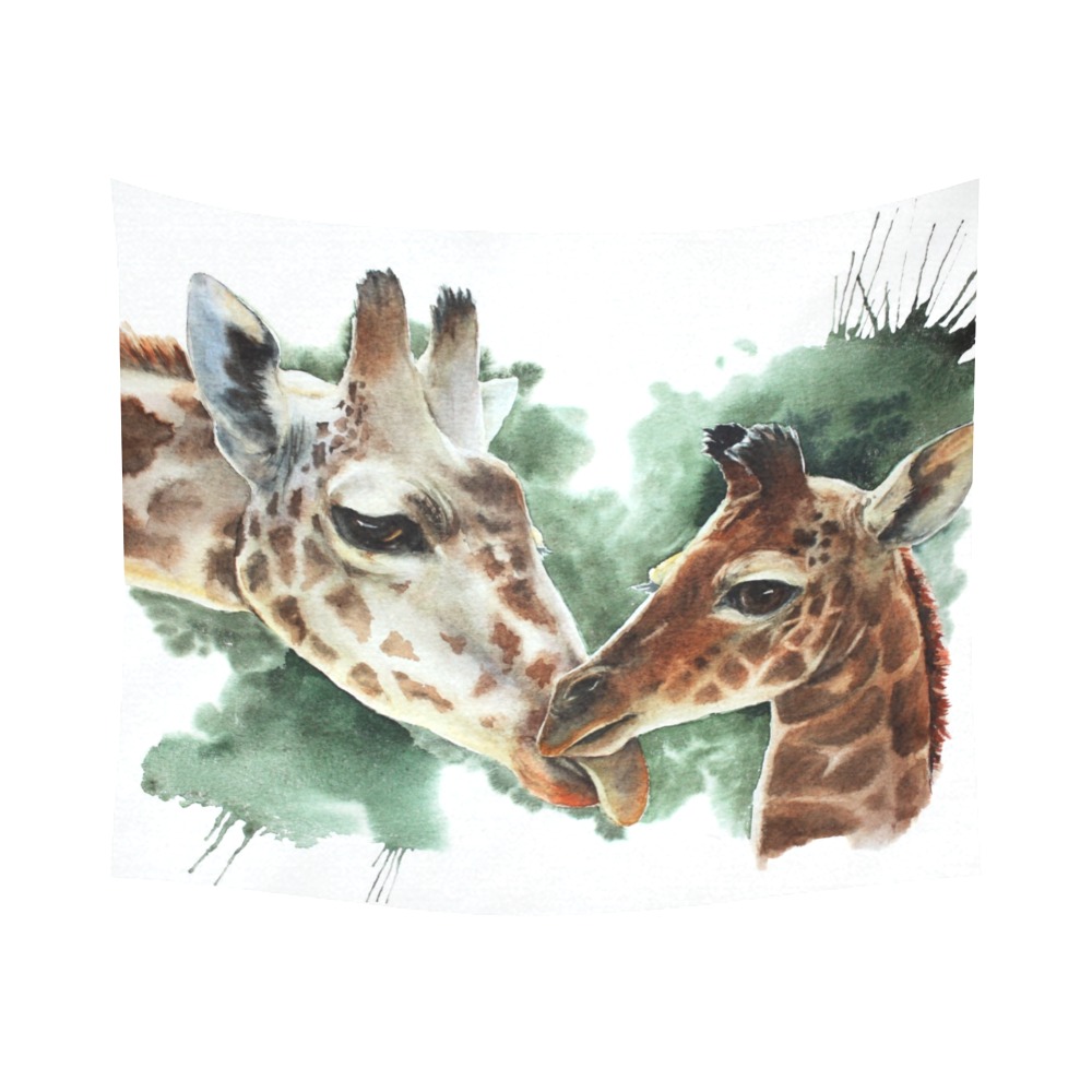 Watercolor wall tapestry of two giraffes in soft tones, perfect for dorm or home decor.