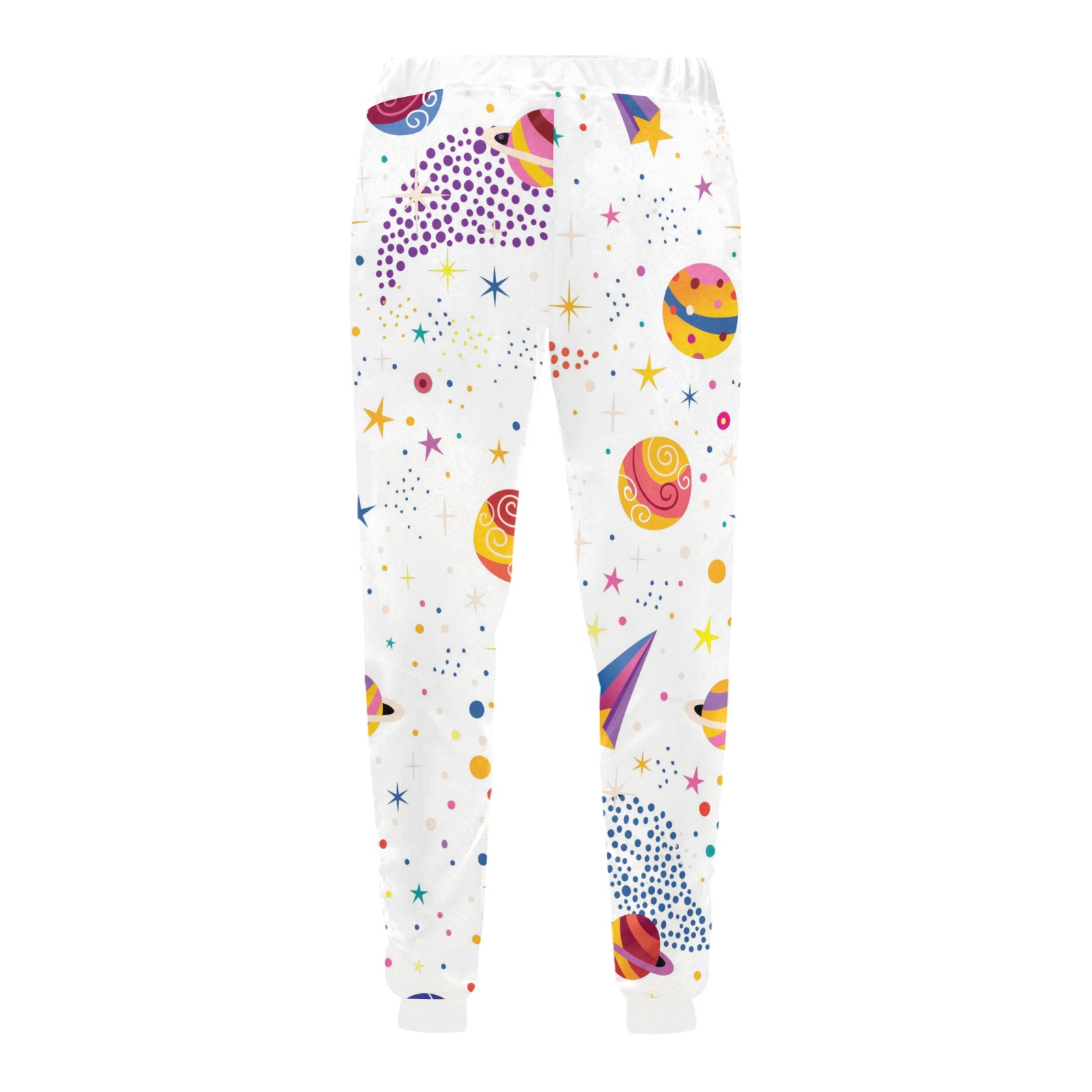 White unisex casual sweatpants (Model L11) with colorful all-over print, elastic waist, casual comfort.