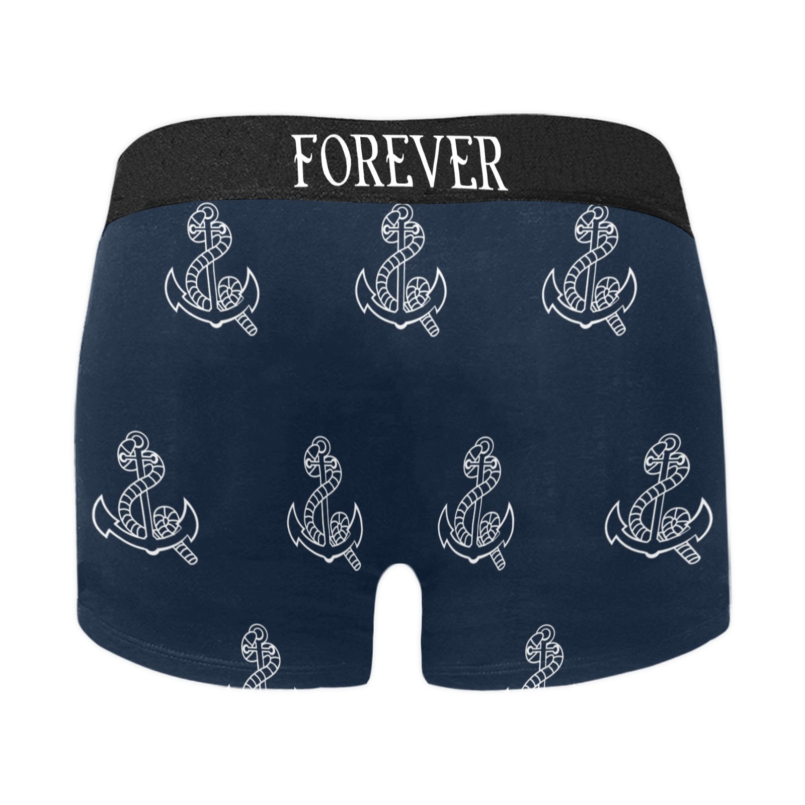 Men's navy blue boxer briefs with white anchor pattern, "FOREVER" waistband, comfortable fit, polyester material.