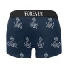 Men's navy blue boxer briefs with white anchor pattern, "FOREVER" waistband, comfortable fit, polyester material.