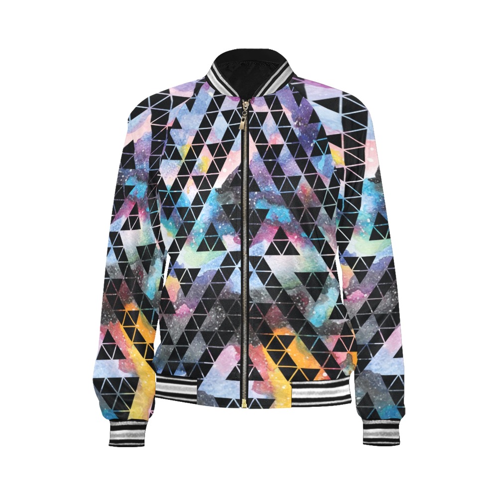 Geometric Women's H21 Jacket. Polyester and spandex blend, full-zip design, colorful pattern.