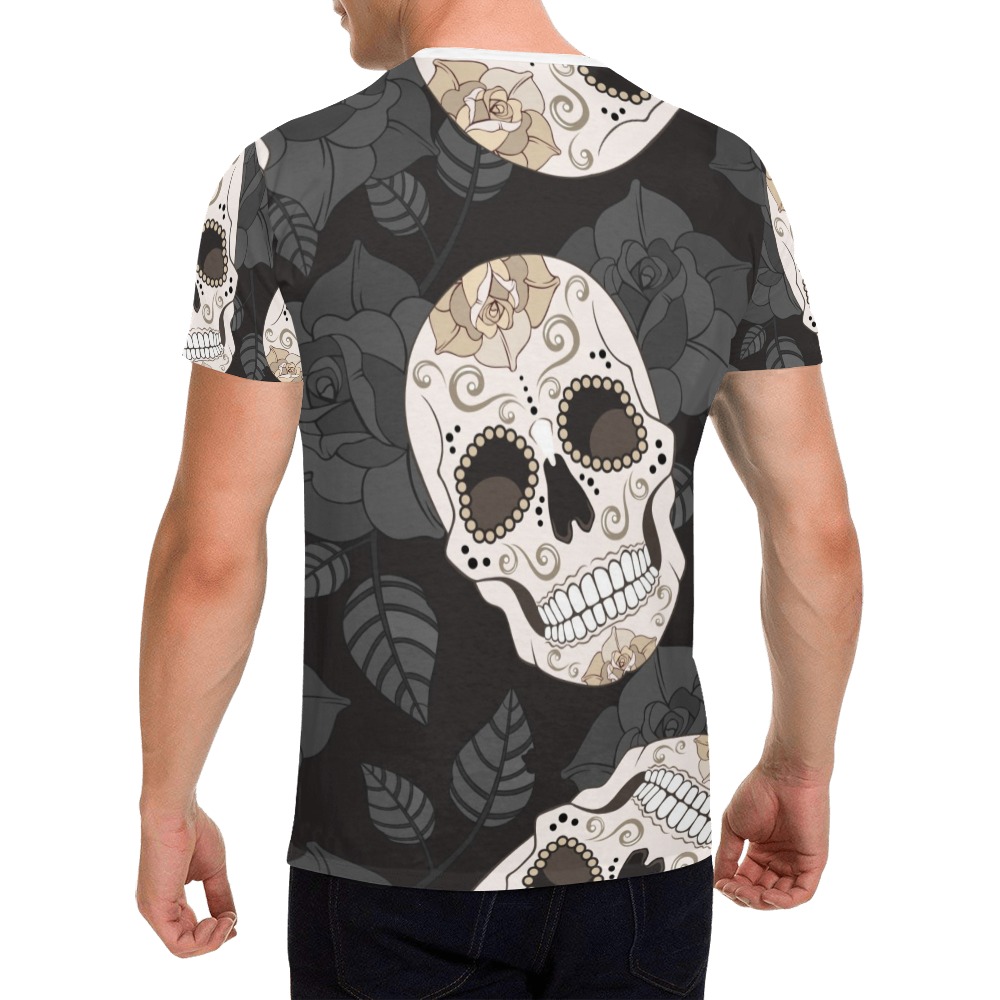 Men's All Over Print T-shirt (Model T40) featuring a repeating sugar skull print on a black background