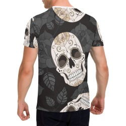 Men's All Over Print T-shirt (Model T40) featuring a repeating sugar skull print on a black background