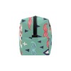 Teal polyester wash bag with colorful patterns and a black zipper closure, perfect for travel and makeup storage.