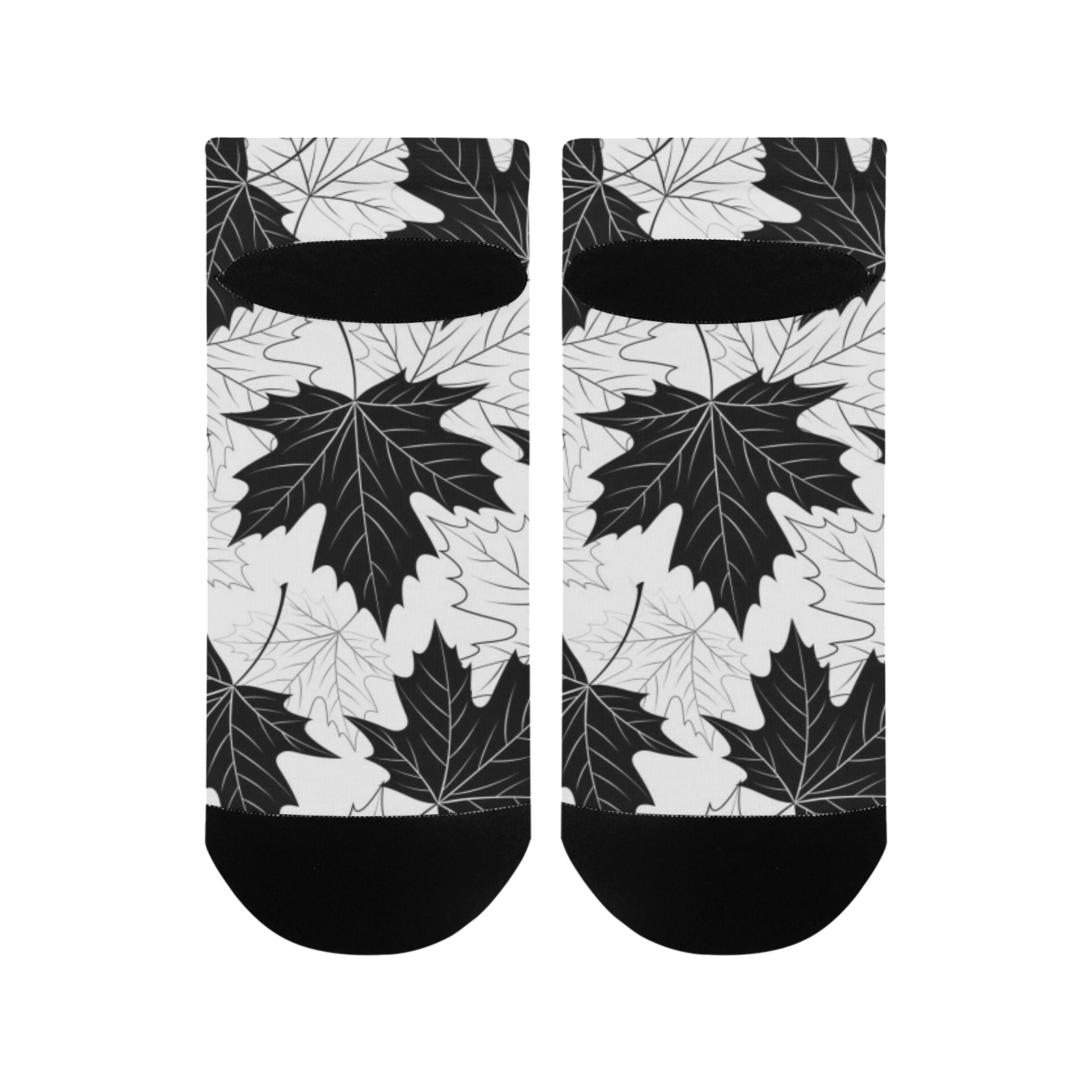 Men's black and white maple leaf ankle socks, polyester fabric, all-over printing