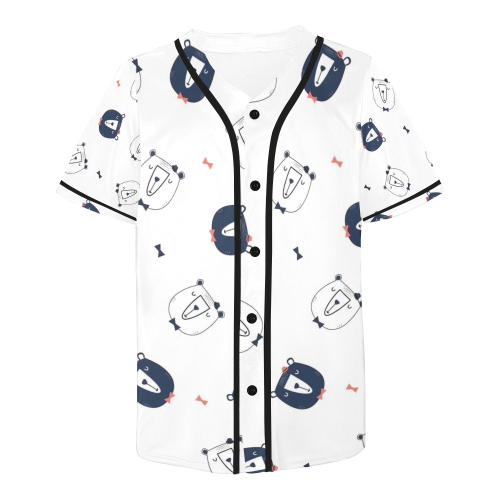 Men's white baseball jersey with blue all-over print, mesh fabric, and short sleeves, perfect for casual wear.