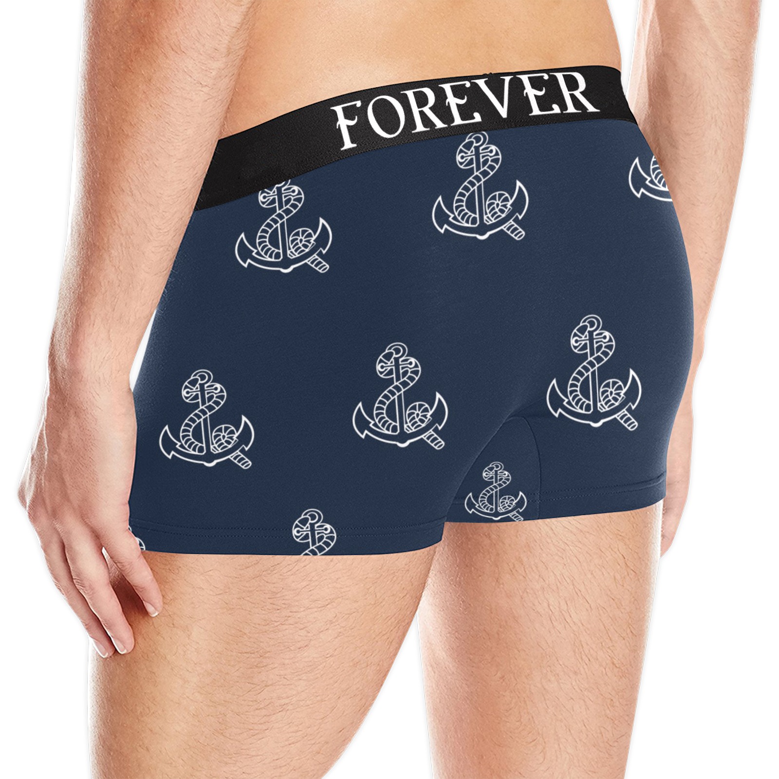 Navy blue men's boxer briefs with white anchor print and "FOREVER" waistband