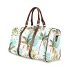 Small brown travel bag with tropical palm leaf pattern and leather handles, waterproof and durable, perfect for travel.