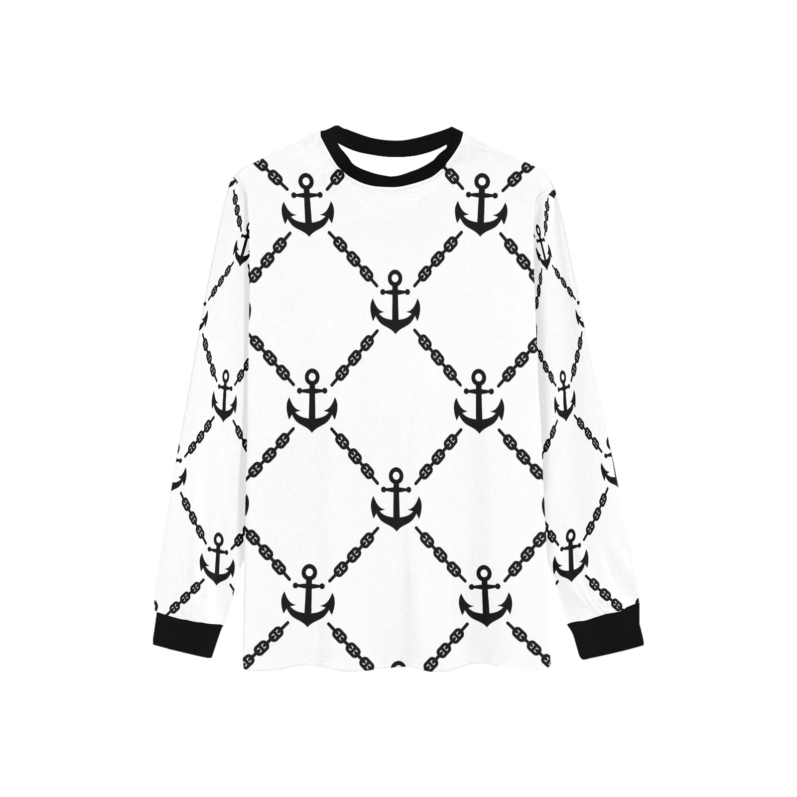 Men's white pajama top with anchor pattern, black collar and cuffs, polyester fabric sleepwear.