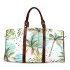 Small brown travel bag with a tropical palm leaf pattern, leather handles, waterproof, and durable.