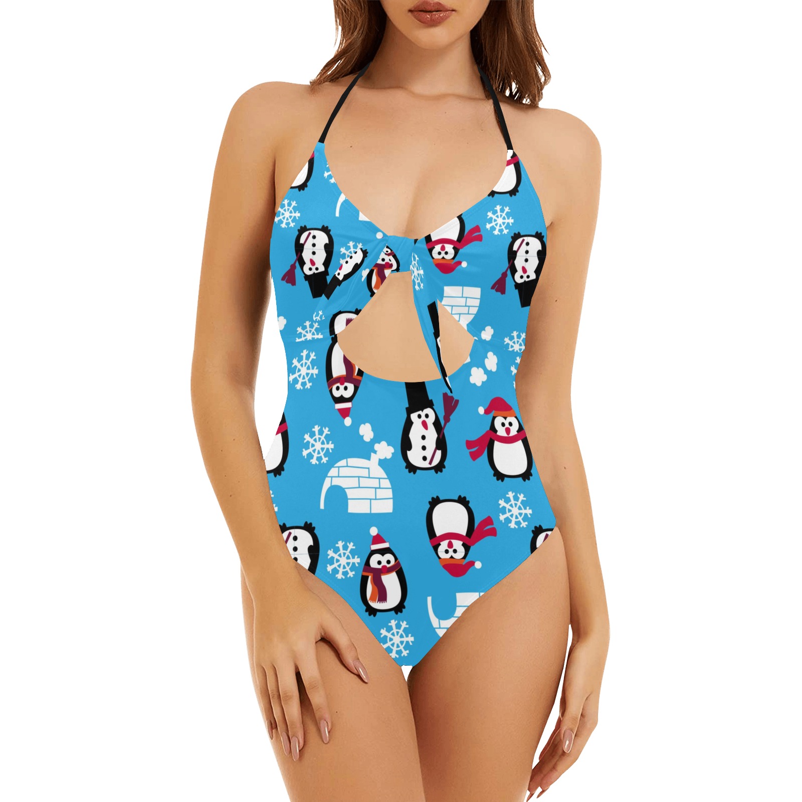 Women's backless bow hollow out swimsuit with penguin pattern, perfect for swimming and summer vacation.