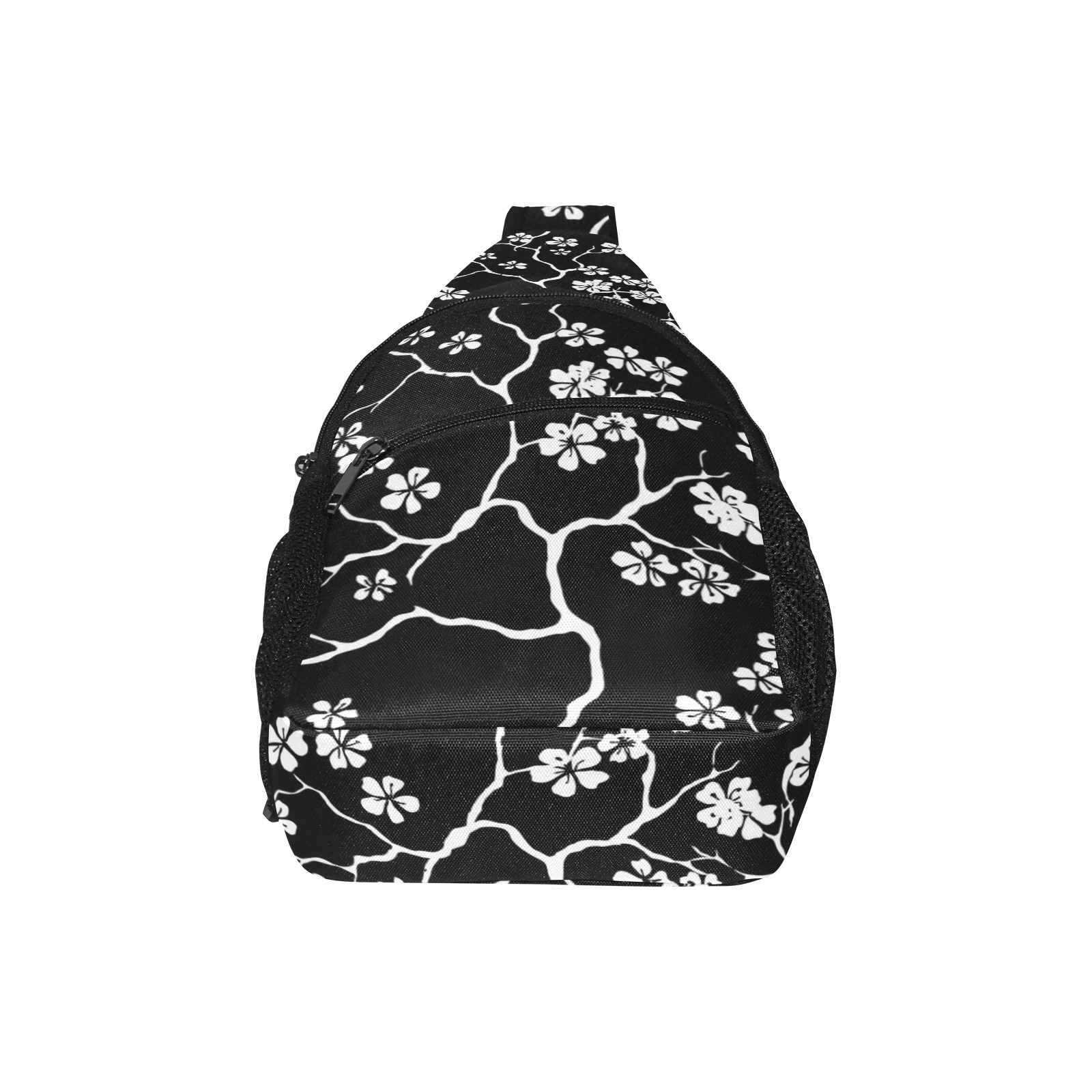 Black floral print chest bag (Model 1719) made of polyester, unisex design, ideal for daily activities.