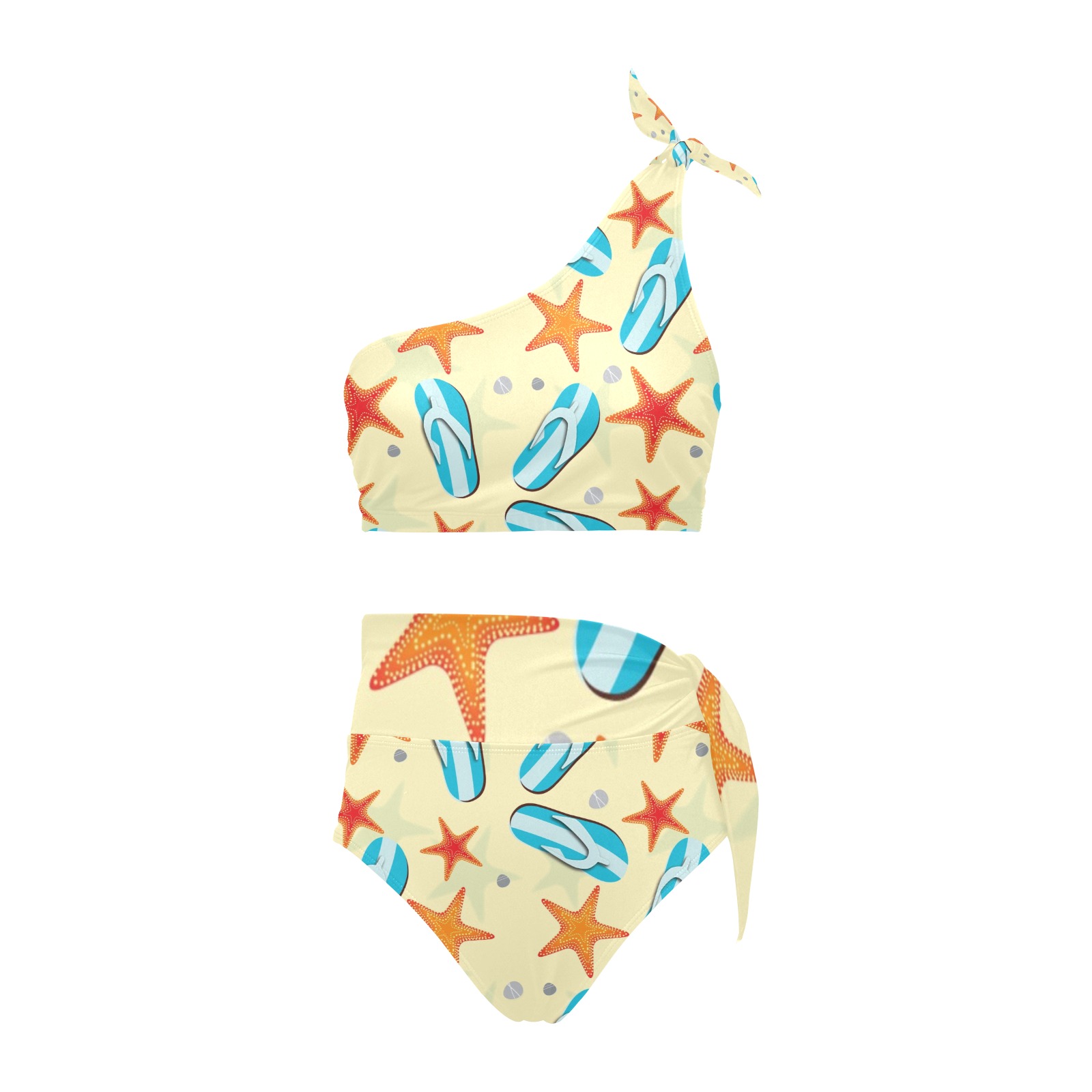 High Waisted One Shoulder Bikini Set with starfish and surfboard pattern, perfect for summer beach vacations