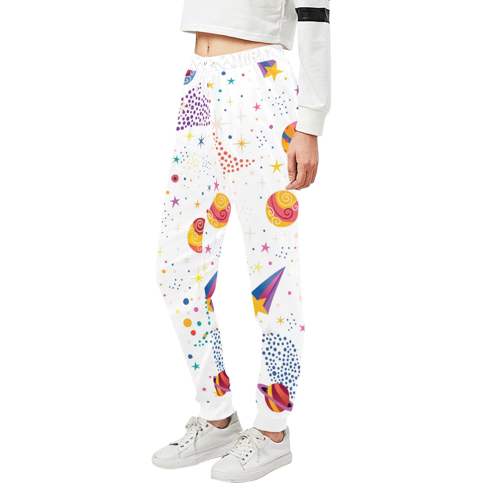 Unisex casual sweatpants (Model L11) with colorful all-over print, comfortable elastic waist for women