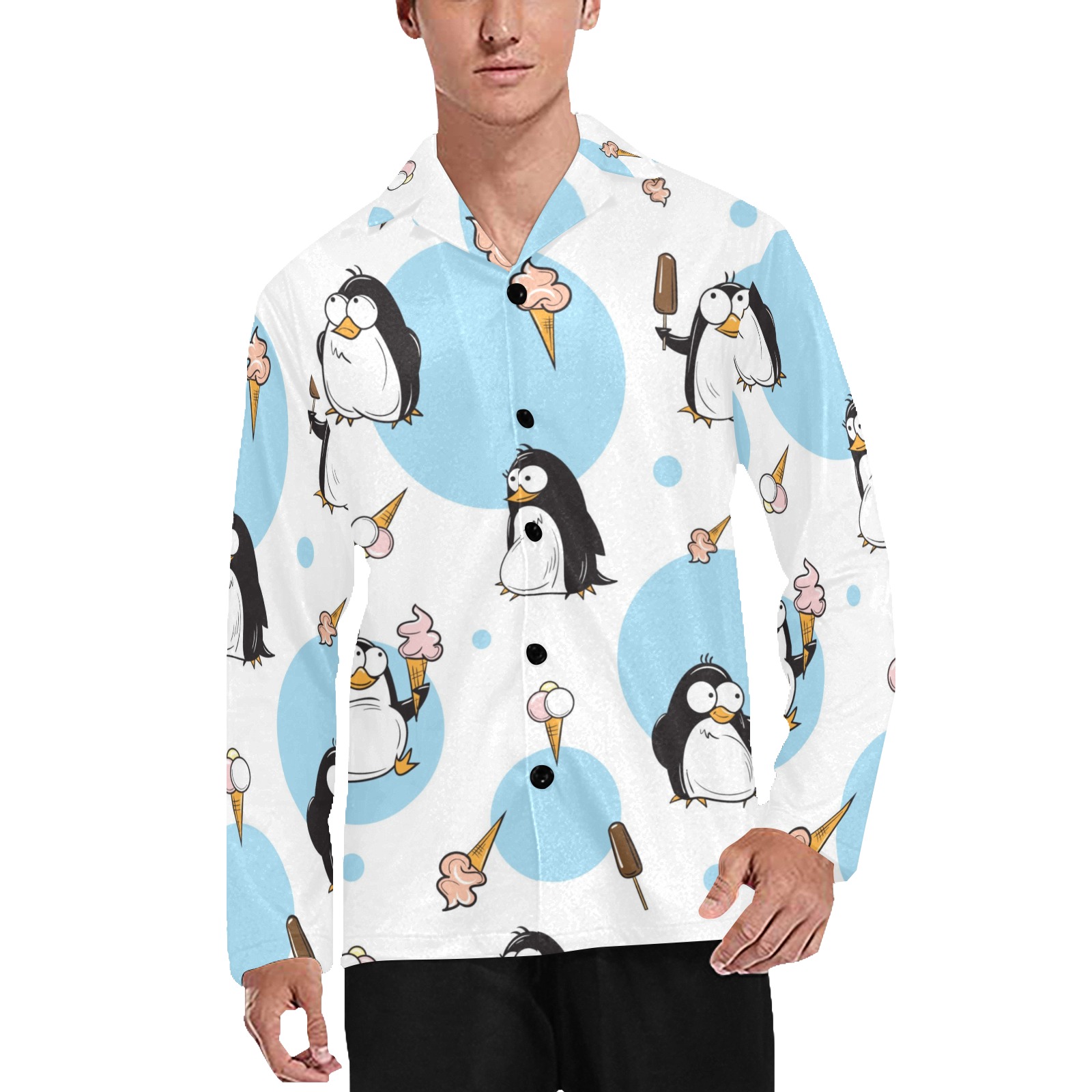 Men's V-Neck Long Pajama Top with Penguin Pattern