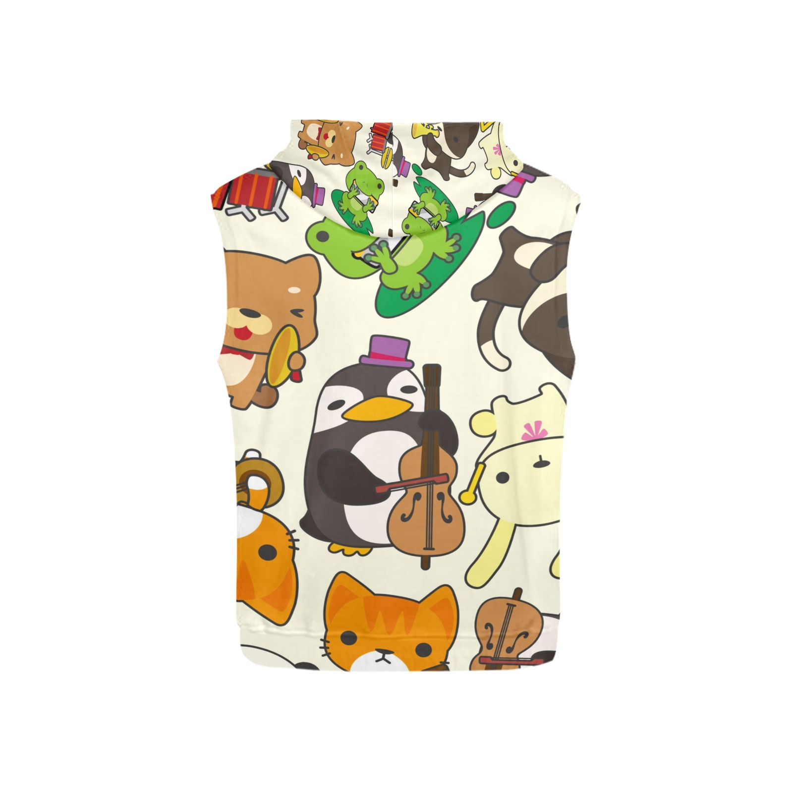 Kid's sleeveless hoodie with cartoon animal print, white background. Polyester blend.