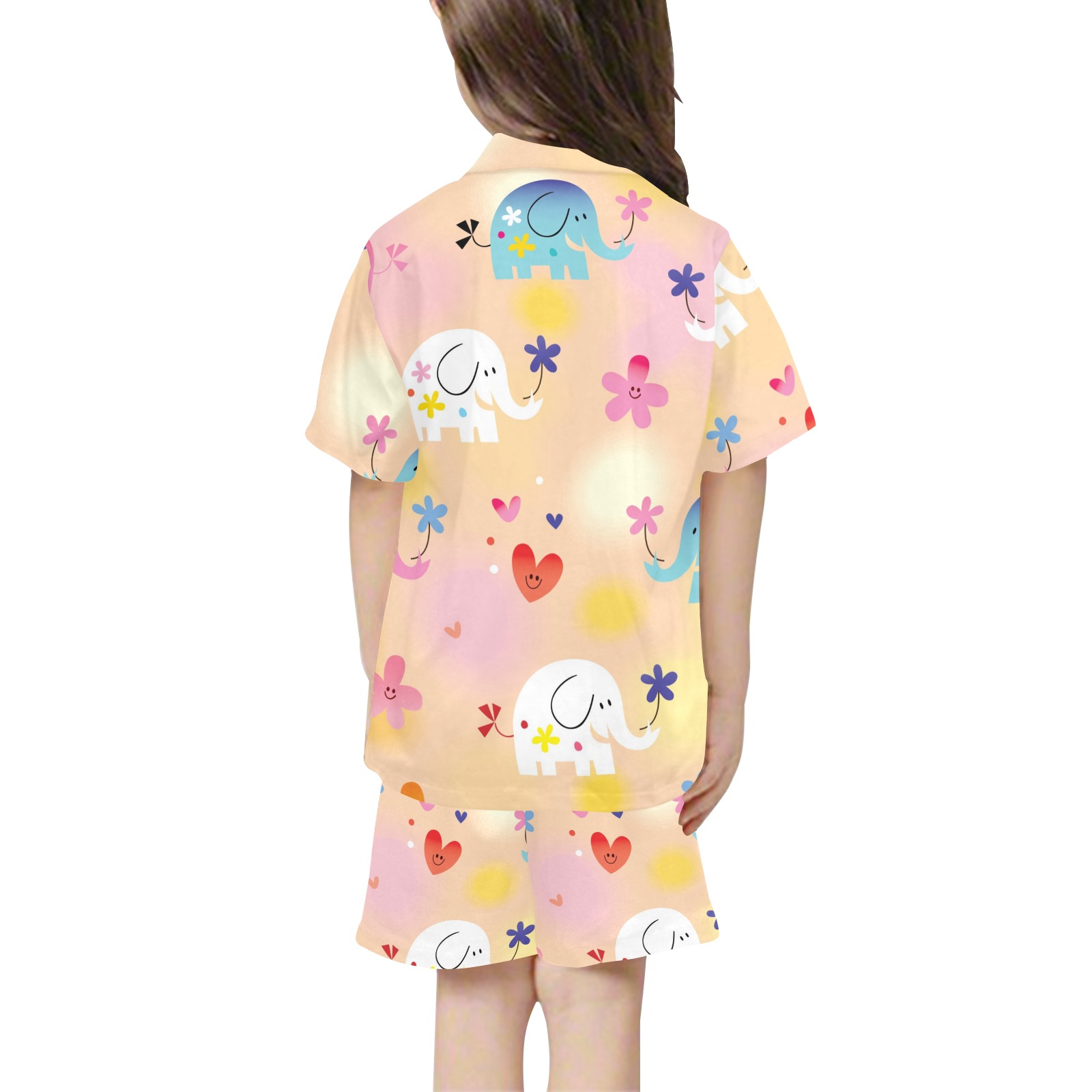 Little girls' polyester pajama set featuring cartoon print and V-neck design, comfortable sleepwear.