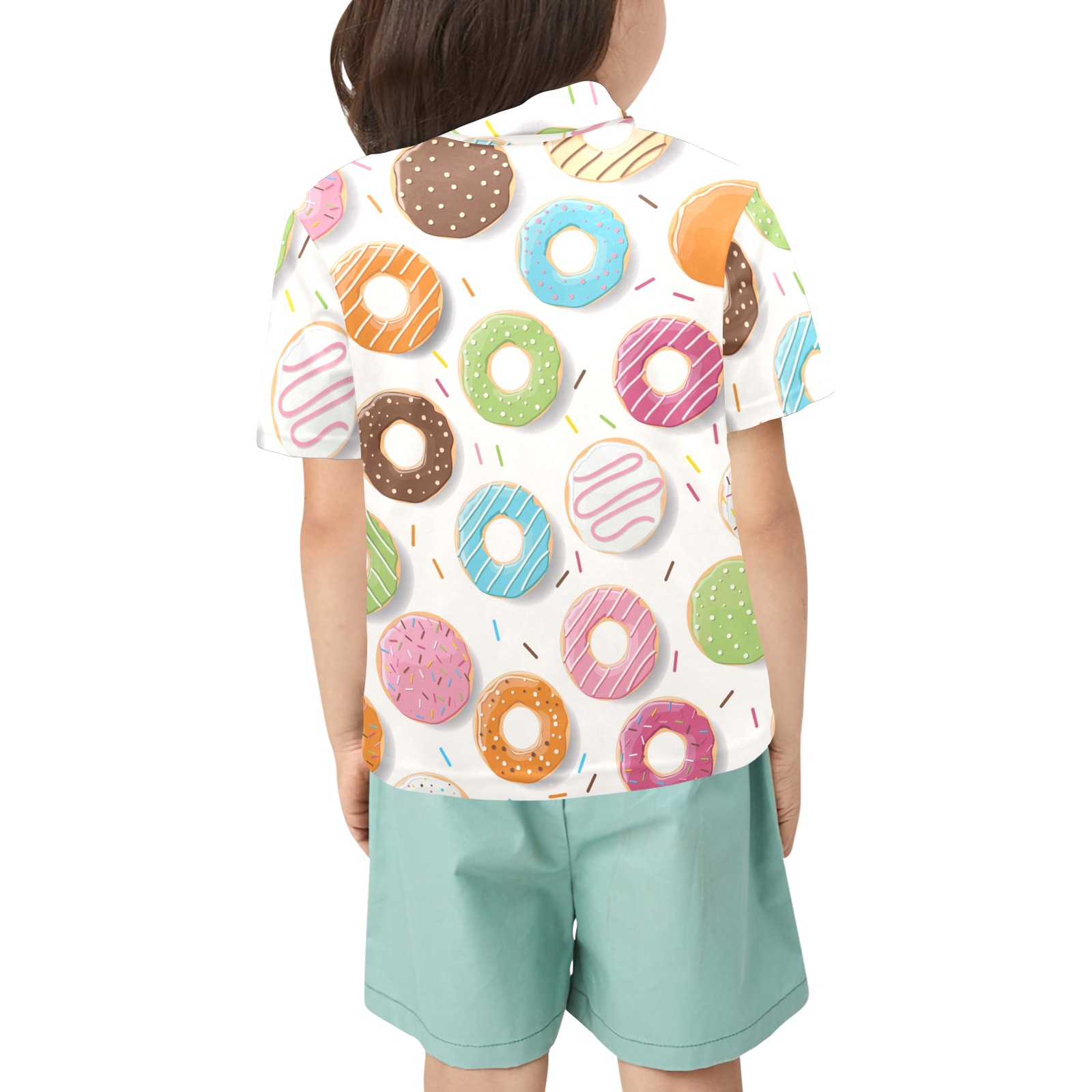 Little girl's white donut print polo shirt and mint green shorts, summer outfit.
