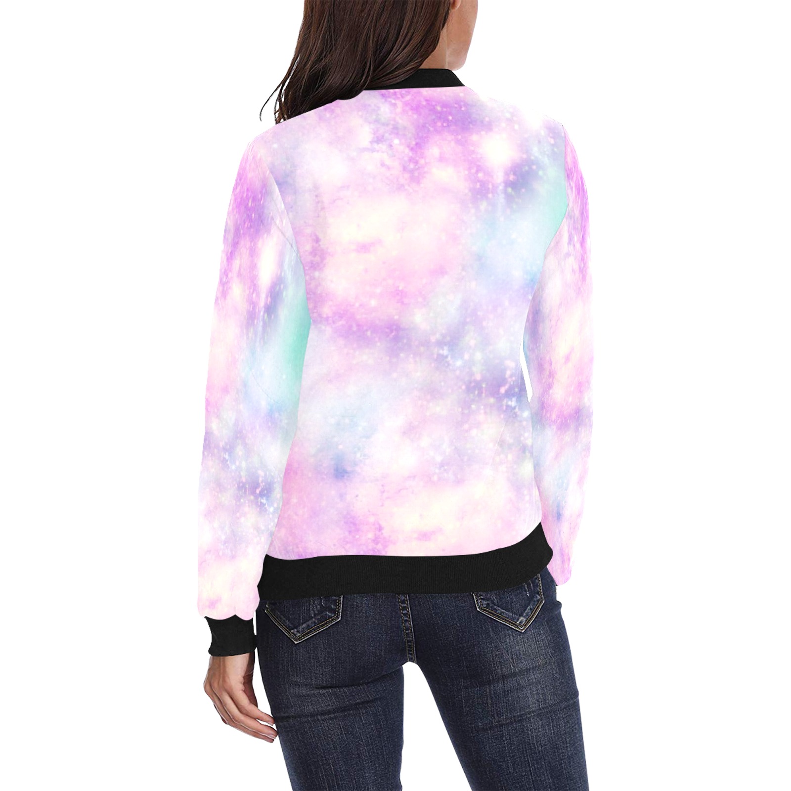 Women's All Over Print Bomber Jacket (H36) - Pastel tie-dye pattern with black trim