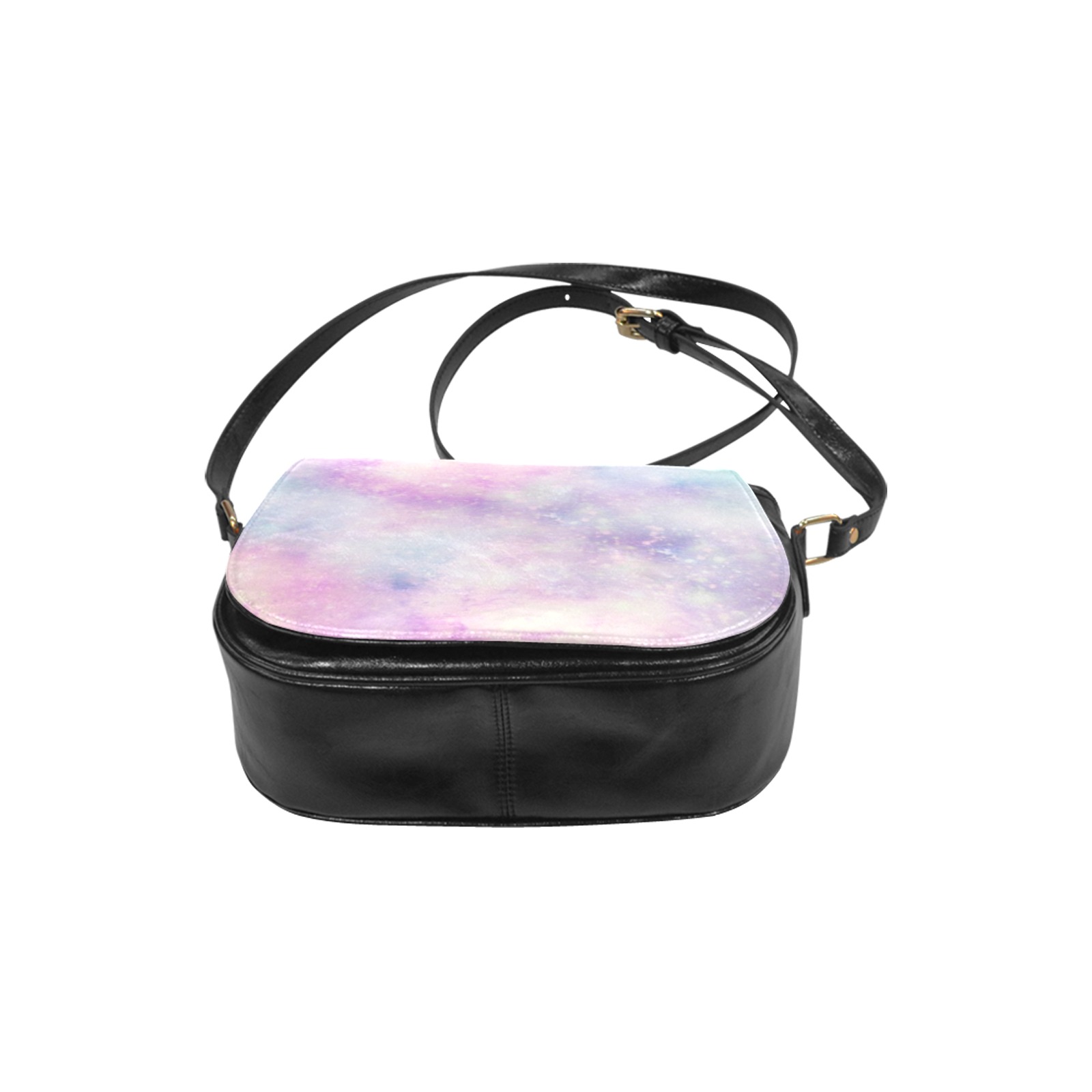 Classic Saddle Bag (Model 1648) Small, black PU leather with galaxy print flap, cross body