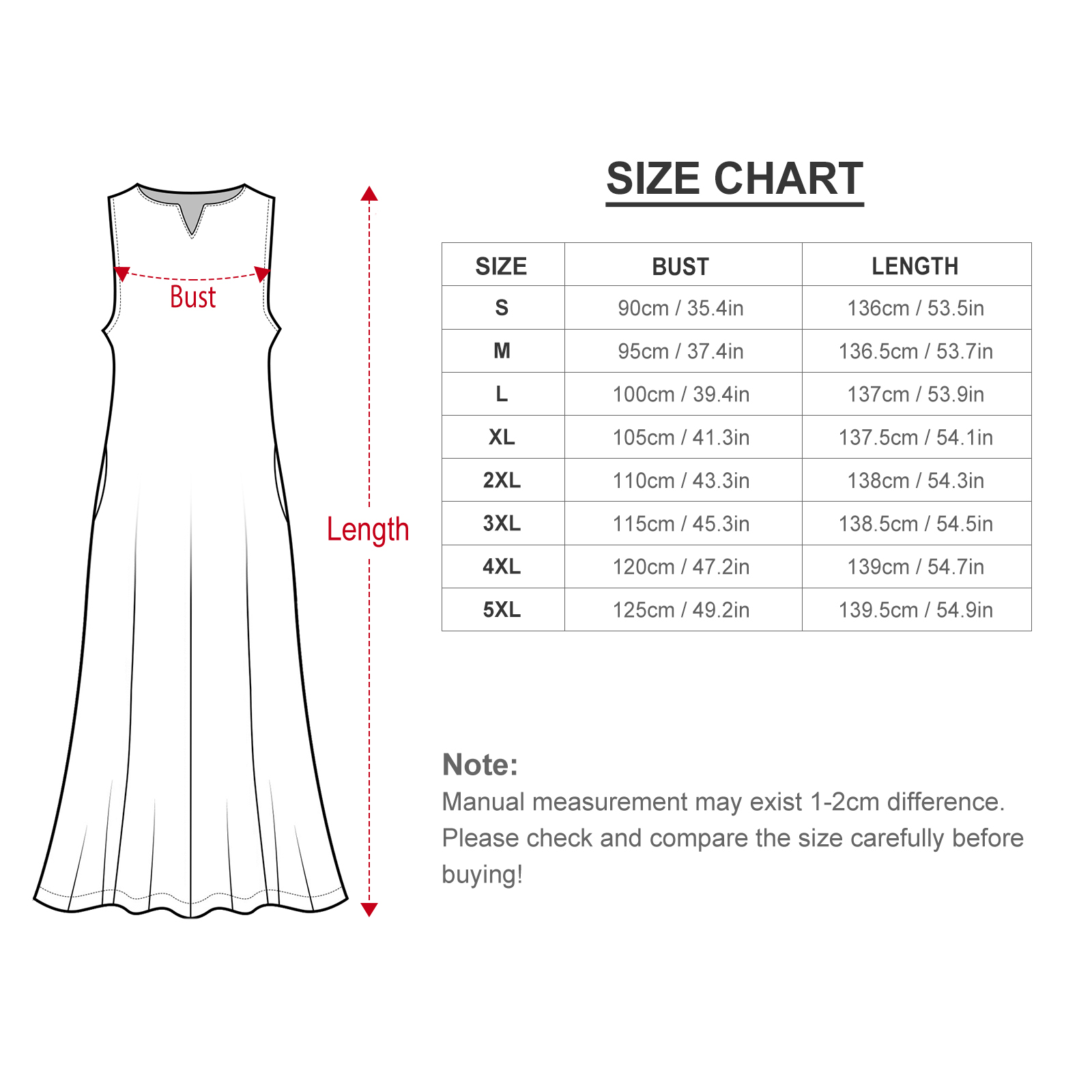 Sleeveless long dress size chart with bust and length measurements