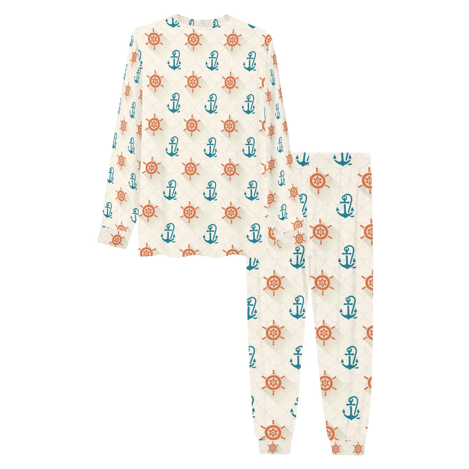 Men's beige polyester pajama set with anchor and flower all over print, sleepwear for home