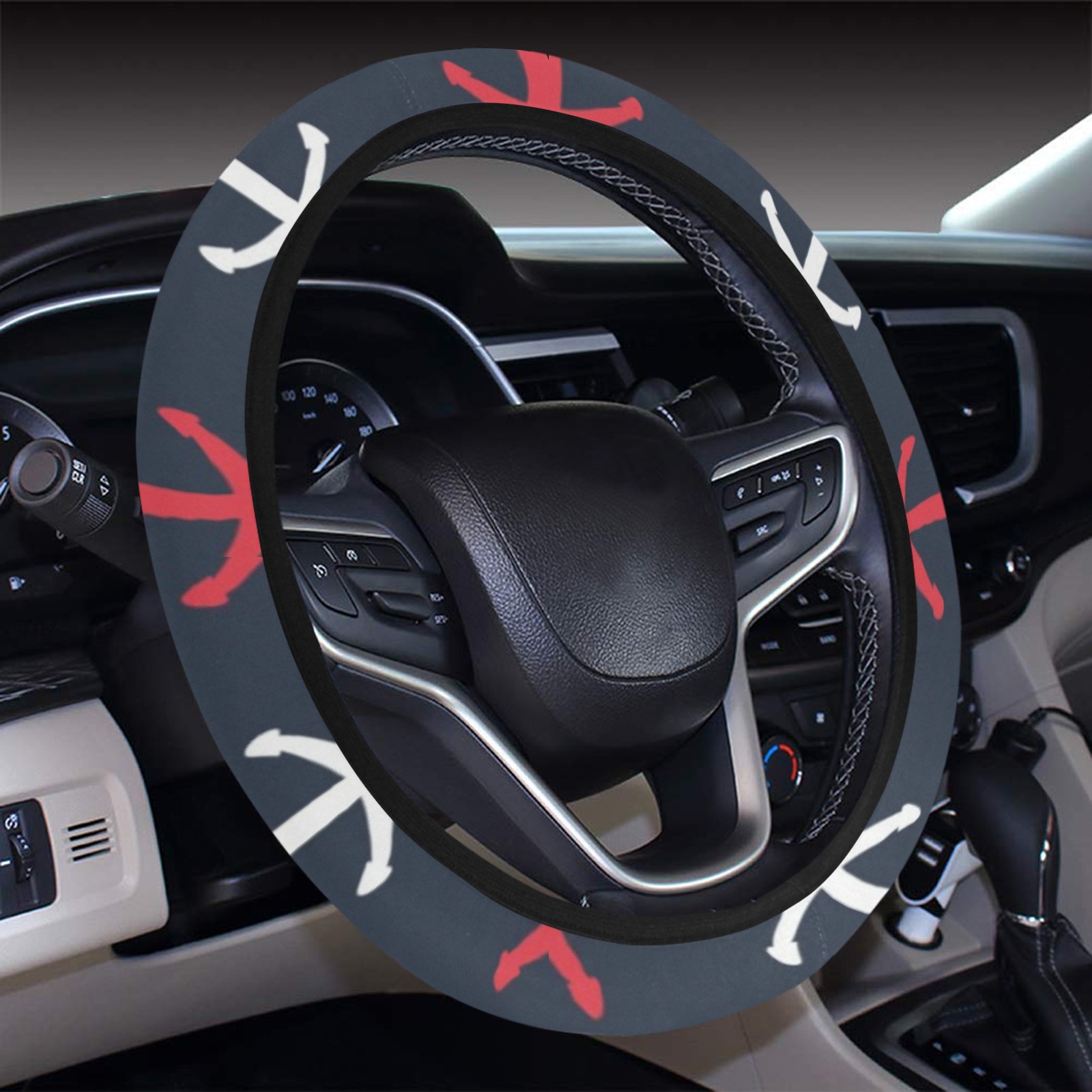 Steering wheel cover with red and white pattern, neoprene fabric for car interior decor