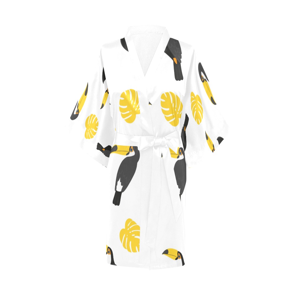 Women's white toucan print short kimono robe, lightweight polyester fabric, perfect for sleepwear