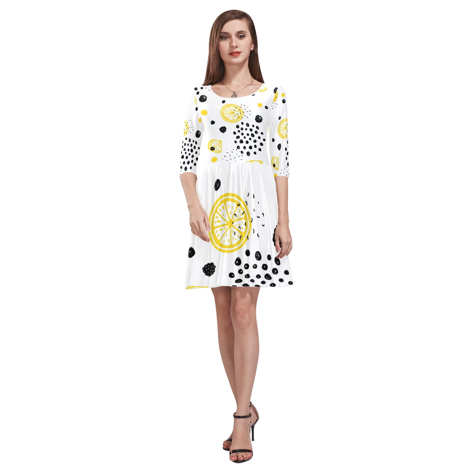 Women's Half-Sleeve Skater Dress (Model D20) featuring a unique yellow and black floral print