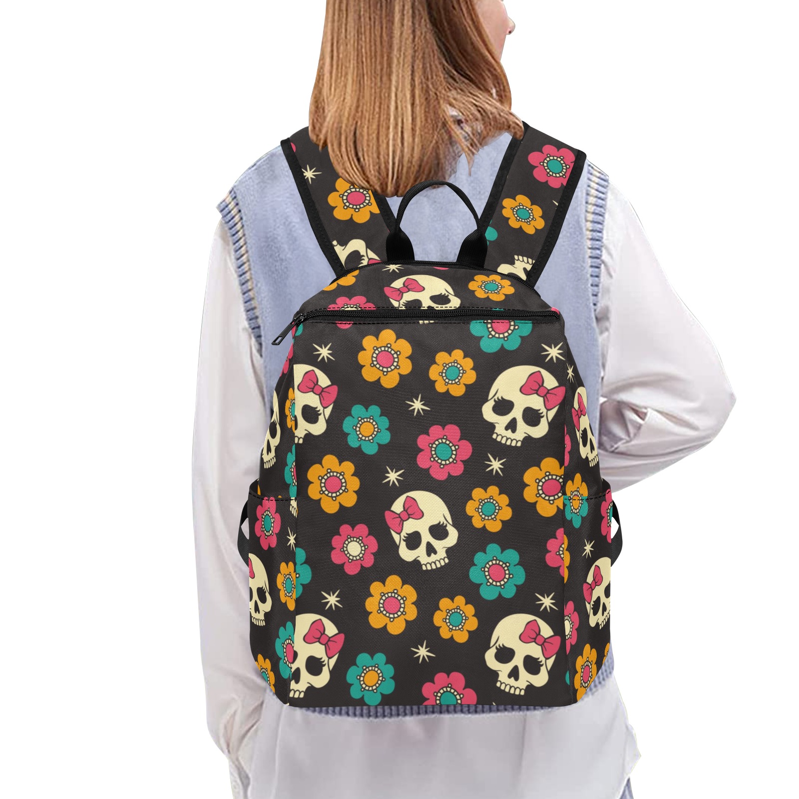 Lightweight Casual Backpack with Skull and Floral Print, ideal for school or travel