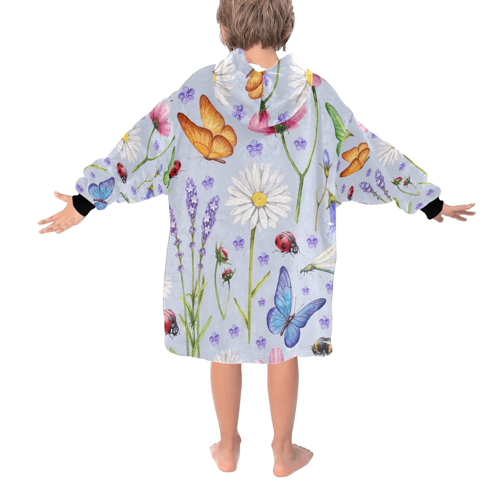Kids Blanket Hoodie with floral butterfly pattern, soft fleece, and a cozy design
