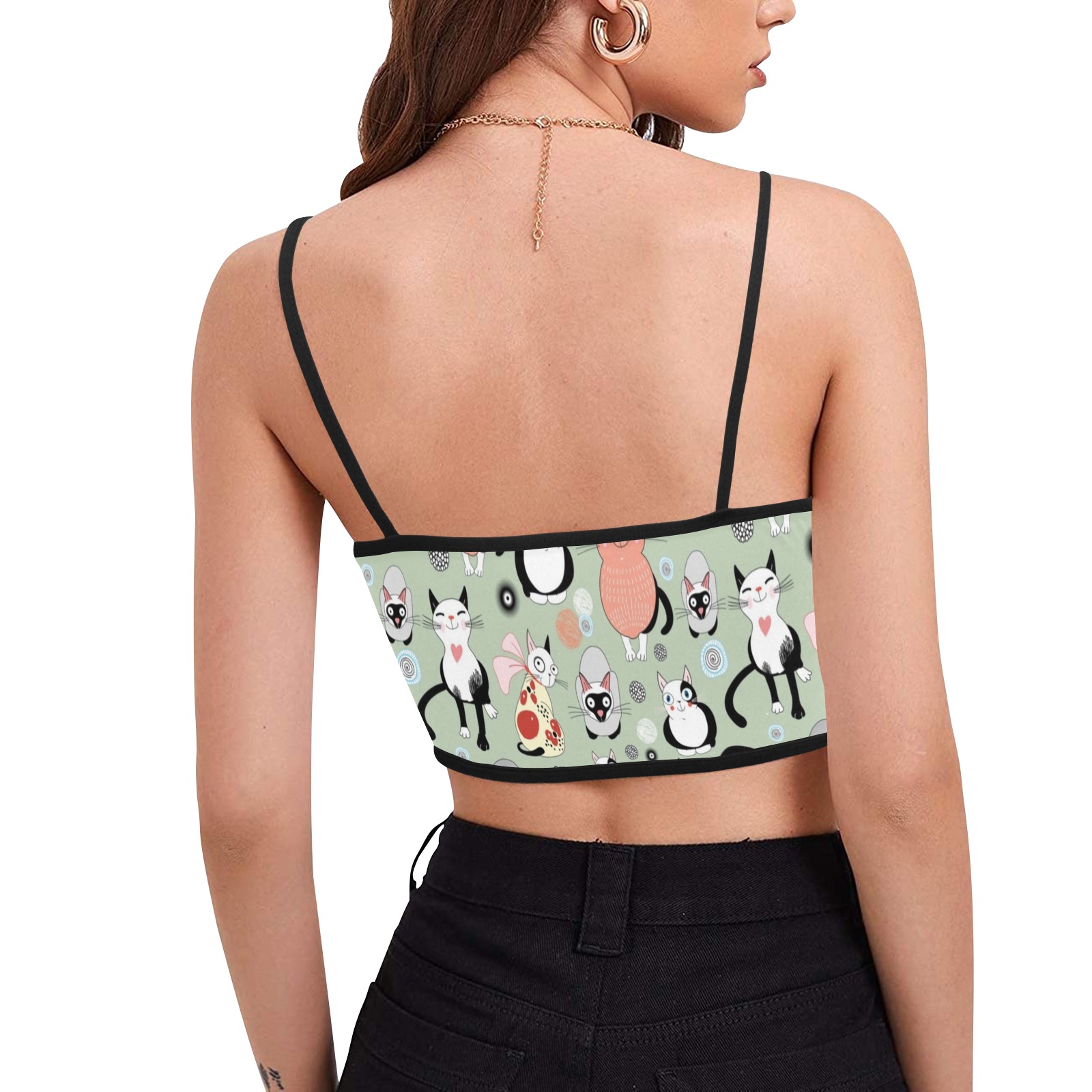 Women's Spaghetti Strap Crop Top (T67) with all-over cat print, perfect for yoga or everyday wear.