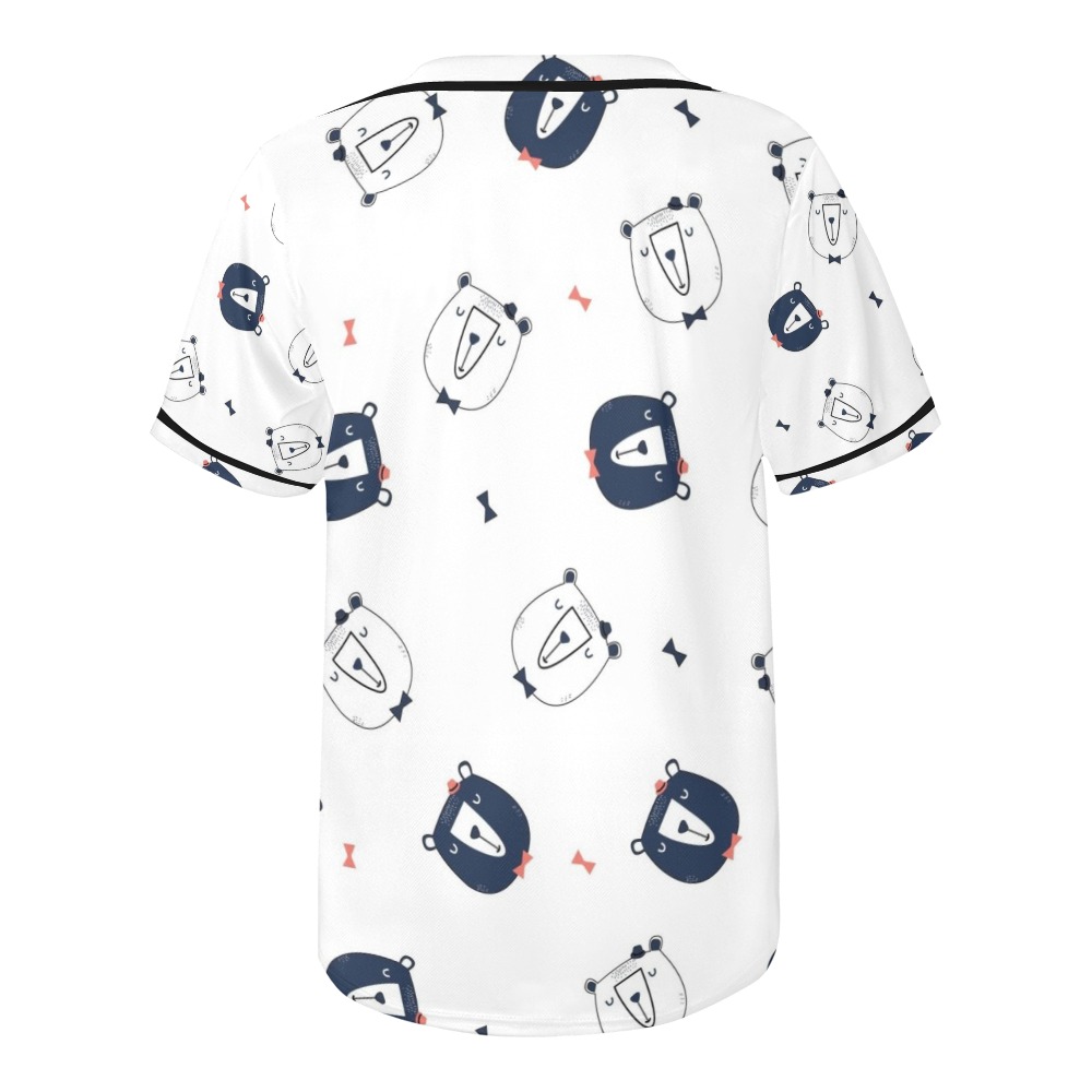 Men's white baseball jersey with bear print, mesh fabric, short sleeves, casual wear.